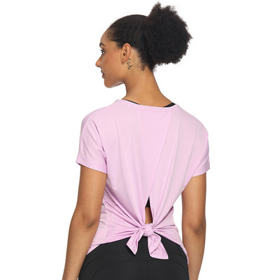 Nyitott hátú edzés felsők nőknek Aranyos rövid ujjú sportos jóga ingek Futópólók Női jóga felsők