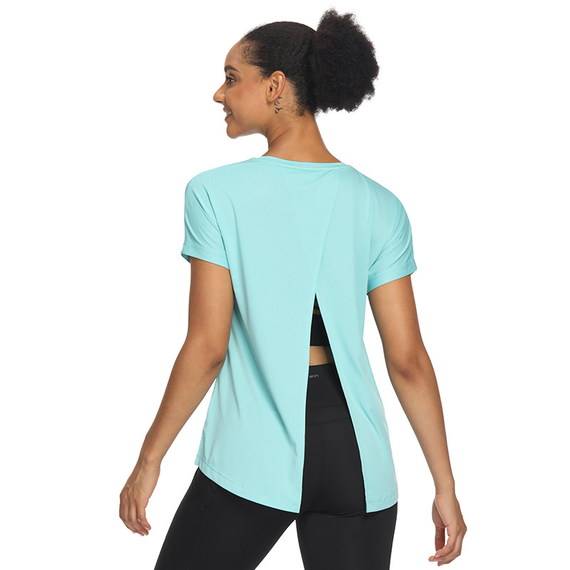 Nyitott hátú edzés felsők nőknek Aranyos rövid ujjú sportos jóga ingek Futópólók Női jóga felsők