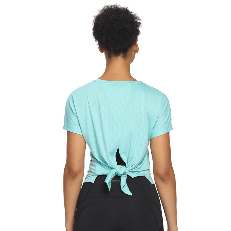 Nyitott hátú edzés felsők nőknek Aranyos rövid ujjú sportos jóga ingek Futópólók Női jóga felsők