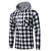 2023 őszi tél klasszikus rácsos kapucnis hosszú ujjú ing Fiatal férfi kapucnis ing dzseki Alkalmi kockás ing