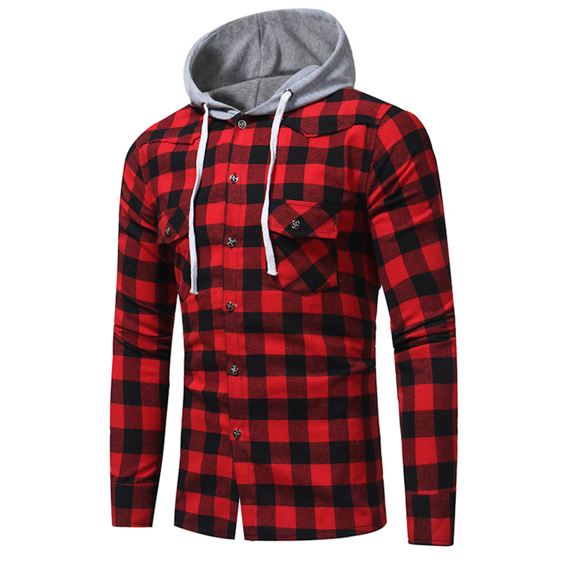 2023 őszi tél klasszikus rácsos kapucnis hosszú ujjú ing Fiatal férfi kapucnis ing dzseki Alkalmi kockás ing