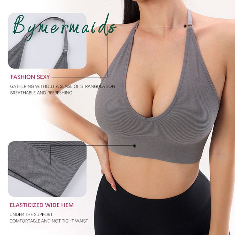 Bymermaids️ Besiūlės moteriškos sportinės liemenėlės su apynasriu kaklelis, fitneso joga, nematoma liemenėlė Sexy Deep V Bralette Crop Tops