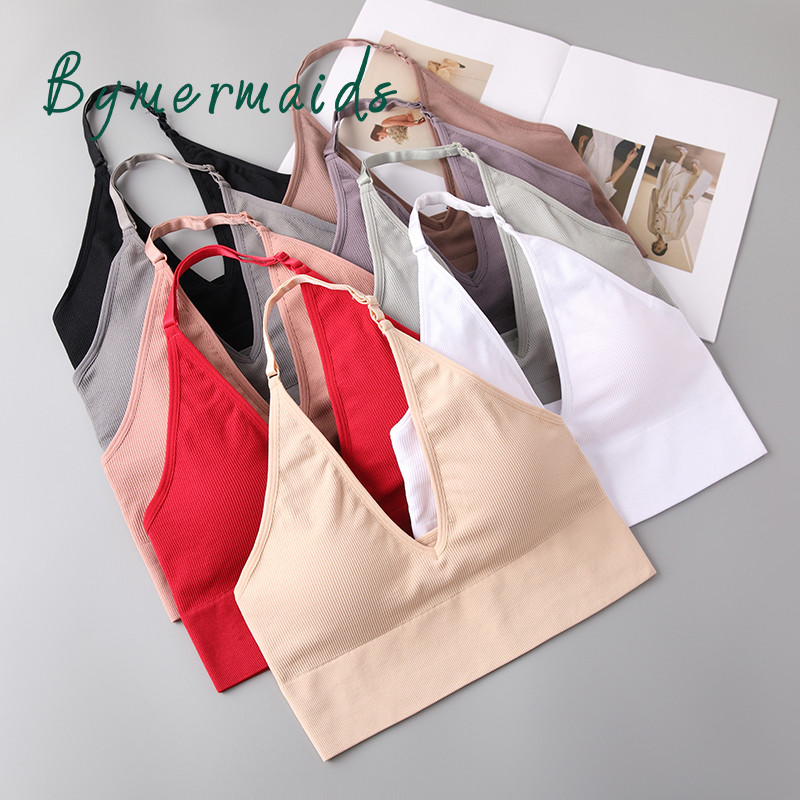 Bymermaids️ Besiūlės moteriškos sportinės liemenėlės su apynasriu kaklelis, fitneso joga, nematoma liemenėlė Sexy Deep V Bralette Crop Tops