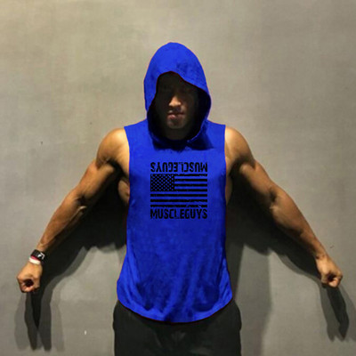 Futómellény Amerikai zászló Nyomtatás Testépítés Ujjatlan kapucnis Férfi Sport Fitness kapucnis Tank Top Férfi Tornatermi Ruházat Kapucnis