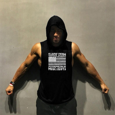 Futómellény Amerikai zászló Nyomtatás Testépítés Ujjatlan kapucnis Férfi Sport Fitness kapucnis Tank Top Férfi Tornatermi Ruházat Kapucnis