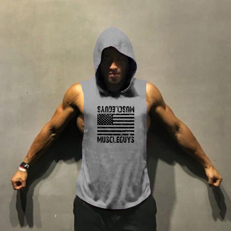 Futómellény Amerikai zászló Nyomtatás Testépítés Ujjatlan kapucnis Férfi Sport Fitness kapucnis Tank Top Férfi Tornatermi Ruházat Kapucnis