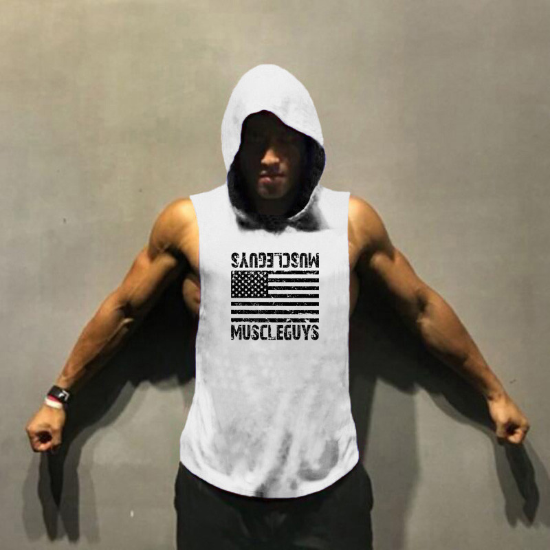 Futómellény Amerikai zászló Nyomtatás Testépítés Ujjatlan kapucnis Férfi Sport Fitness kapucnis Tank Top Férfi Tornatermi Ruházat Kapucnis
