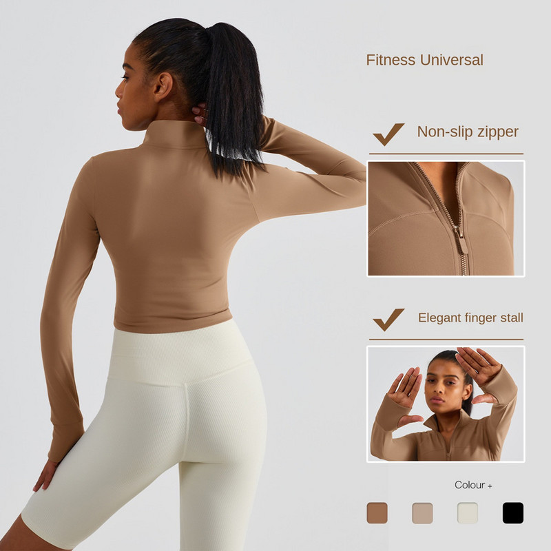 Bėgimo sporto salė Moteriški drabužiai Lieknas, liemens ilgis Nulu apkarpytas Define Yoga Striukė Thumbholes Sviestinis Minkštas Sportinis paltas aukšta apykakle