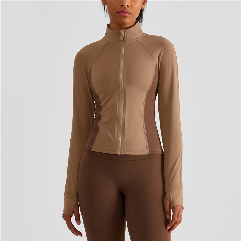 Μονόχρωμο καλσόν με ψηλή λαιμόκοψη Γυναικείο αθλητικό μπουφάν Κορυφή ολοκληρωμένης προπόνησης Μακρυμάνικο παλτό γιόγκα με φερμουάρ