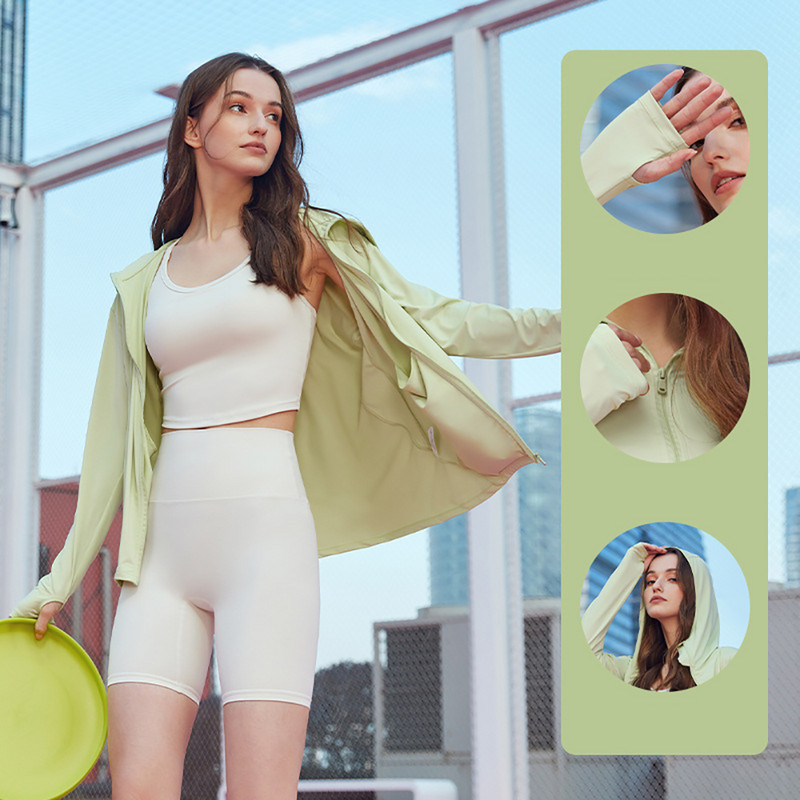 Női sport felső, kapucnis, hosszú ujjú dzsekik kültéri futás napvédő krém Női sport blúz Cool Feeling jóga felső, laza kabát