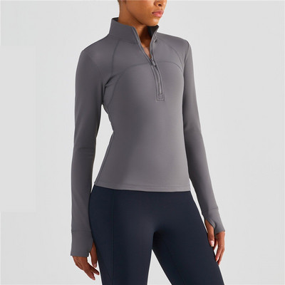 Vienkrāsains Fitness Sieviešu sporta jaka Top Visaptverošs Treniņš Pusrāvējslēdzējs Flīss Silts Garās Piedurknes Jogas Krekls Mētelis Īkšķis