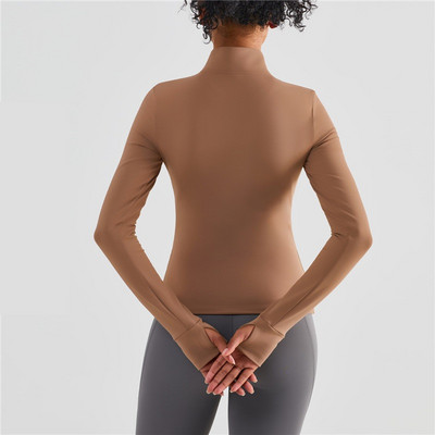 Vienkrāsains Fitness Sieviešu sporta jaka Top Visaptverošs Treniņš Pusrāvējslēdzējs Flīss Silts Garās Piedurknes Jogas Krekls Mētelis Īkšķis