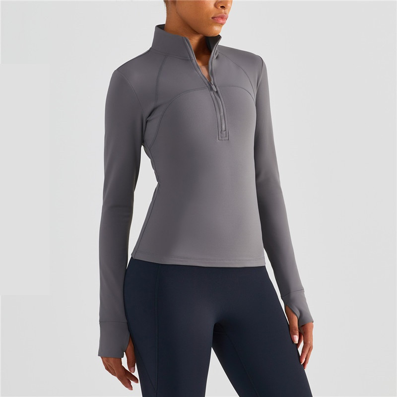 Vienkrāsains Fitness Sieviešu sporta jaka Top Visaptverošs Treniņš Pusrāvējslēdzējs Flīss Silts Garās Piedurknes Jogas Krekls Mētelis Īkšķis