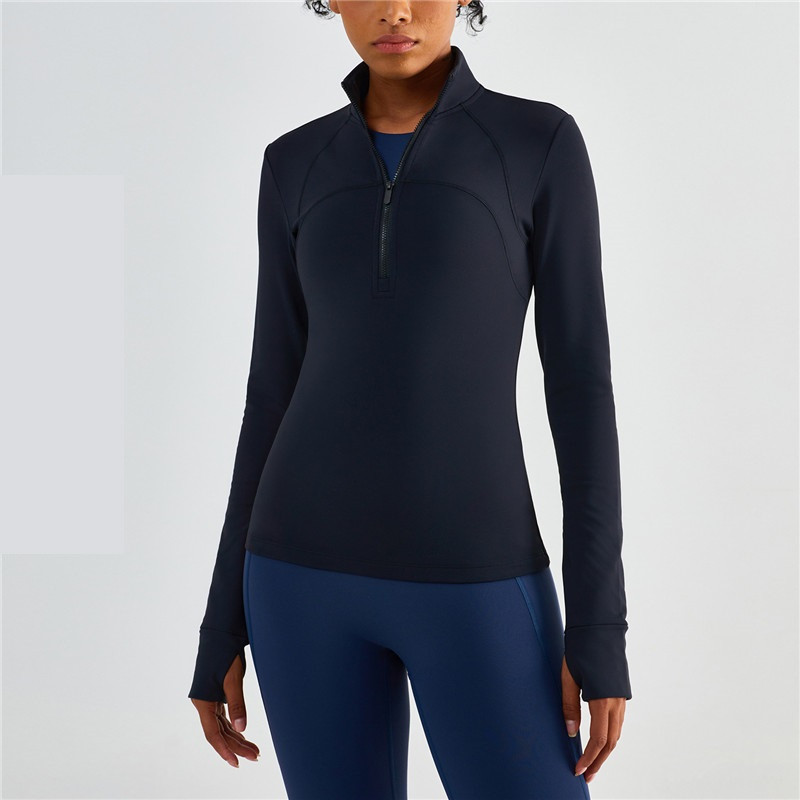 Vienkrāsains Fitness Sieviešu sporta jaka Top Visaptverošs Treniņš Pusrāvējslēdzējs Flīss Silts Garās Piedurknes Jogas Krekls Mētelis Īkšķis