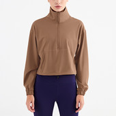 Fitness női sportdzseki felső magas gallérral félcipzáras laza zsebes, hosszú ujjú jóga póló edzőkabát Átfogó edzésfelső