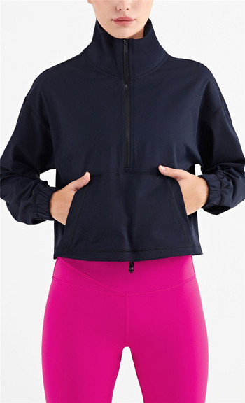 Γυναικείο γυμναστήριο Αθλητικό μπουφάν με ψηλό γιακά με μισό φερμουάρ Χαλαρή τσέπη Μακρυμάνικο πουκάμισο γιόγκα παλτό γυμναστικής Ολοκληρωμένη μπλούζα προπόνησης