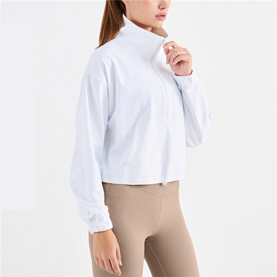 Fitness női sportdzseki felső magas gallérral félcipzáras laza zsebes, hosszú ujjú jóga póló edzőkabát Átfogó edzésfelső