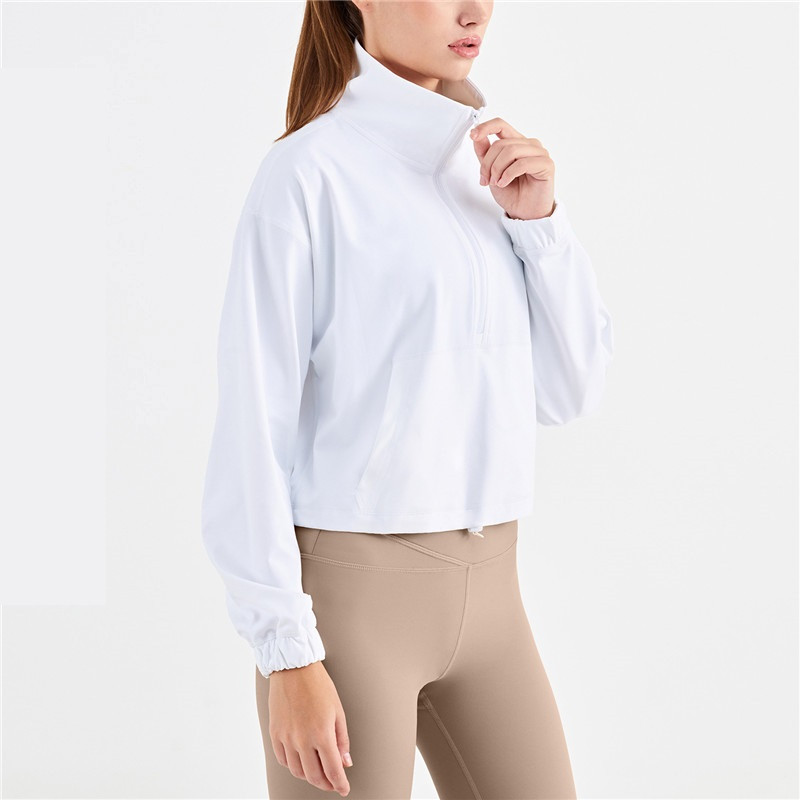 Fitness női sportdzseki felső magas gallérral félcipzáras laza zsebes, hosszú ujjú jóga póló edzőkabát Átfogó edzésfelső