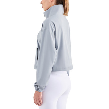 Едноцветно фитнес дамско спортно яке, удебелена висока яка, джоб с половин цип, риза с дълъг ръкав, йога, палто, цялостно обучение