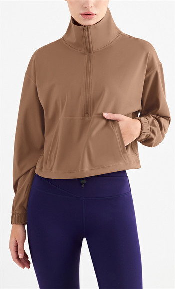 Едноцветно фитнес дамско спортно яке, удебелена висока яка, джоб с половин цип, риза с дълъг ръкав, йога, палто, цялостно обучение