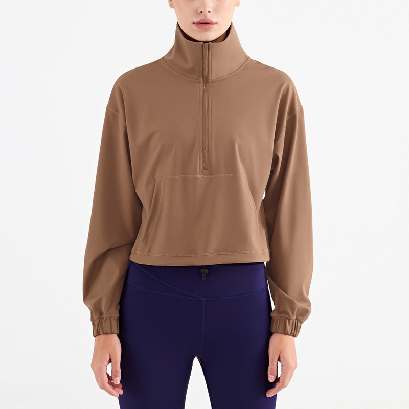 Vienspalvis Fitness Moteriška sportinė striukė stora aukšta apykakle, puse užtrauktuko kišenė ilgomis rankovėmis jogos marškinėlių paltai Išsamios treniruotės