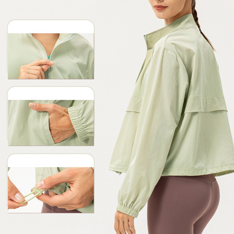 Sean Tsing® sportiniai vėjo paltai, moteriški ilgomis rankovėmis, kišenėmis, sutraukiamais užtrauktuku Striukės treniruotėms Aktyvaus kūno rengybos laisvalaikio laisvi ploni paltai