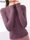 „Hoip Jeeky Yoga“ drabužiai Nauji „Fitness“ drabužiai aukštu kaklu, moteriški viršutiniai drabužiai ilgomis rankovėmis, užtrauktuku aptempta sportinė striukė, greitai džiūsta