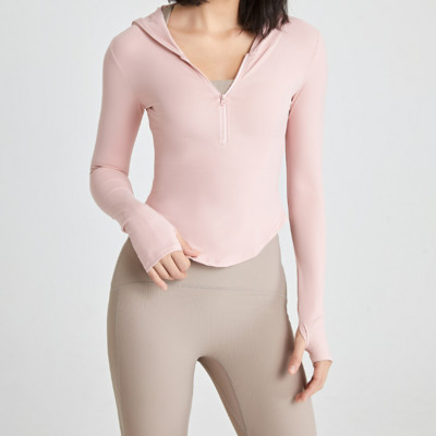 Women Autumn T-shirts Long Sleeve with Zipper Yoga Tops Training Thumb Hole with Hood Running Shirts Naked Stretchy Sporty