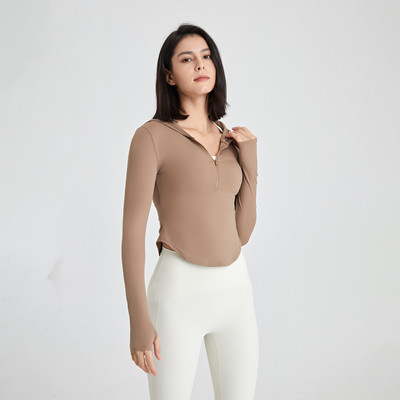 Moteriški rudeniniai marškinėliai ilgomis rankovėmis su užtrauktuku jogos viršūnės Treniruotės nykščiui su gobtuvu bėgimo marškinėliai nuogi, tamprūs, sportiški