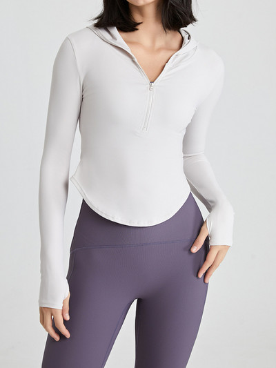 Moteriški rudeniniai marškinėliai ilgomis rankovėmis su užtrauktuku jogos viršūnės Treniruotės nykščiui su gobtuvu bėgimo marškinėliai nuogi, tamprūs, sportiški