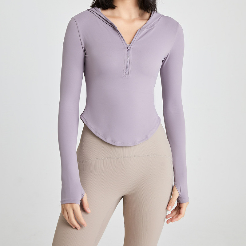 Moteriški rudeniniai marškinėliai ilgomis rankovėmis su užtrauktuku jogos viršūnės Treniruotės nykščiui su gobtuvu bėgimo marškinėliai nuogi, tamprūs, sportiški