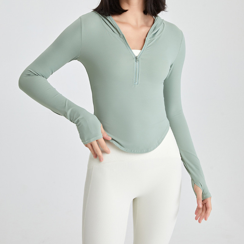 Moteriški rudeniniai marškinėliai ilgomis rankovėmis su užtrauktuku jogos viršūnės Treniruotės nykščiui su gobtuvu bėgimo marškinėliai nuogi, tamprūs, sportiški