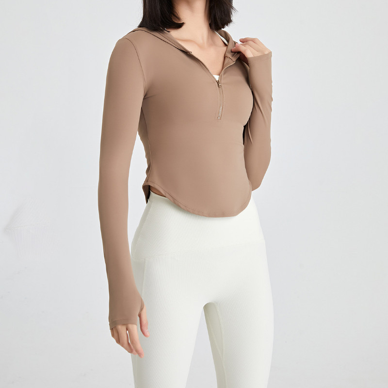 Moteriški rudeniniai marškinėliai ilgomis rankovėmis su užtrauktuku jogos viršūnės Treniruotės nykščiui su gobtuvu bėgimo marškinėliai nuogi, tamprūs, sportiški