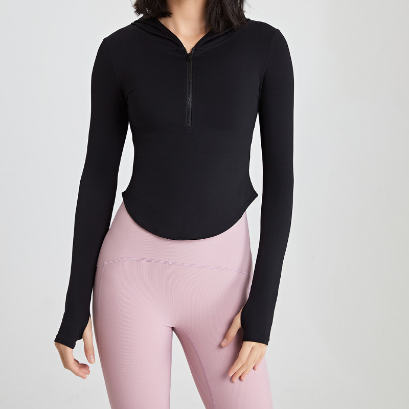 Moteriški rudeniniai marškinėliai ilgomis rankovėmis su užtrauktuku jogos viršūnės Treniruotės nykščiui su gobtuvu bėgimo marškinėliai nuogi, tamprūs, sportiški