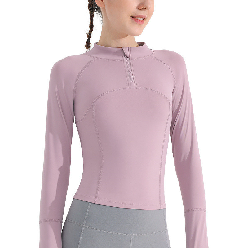 Egyszínű, átfogó edzés Fitness női sportkabát felső állógallér Félcipzáras hosszú ujjú jóga ing kabát hüvelykujj