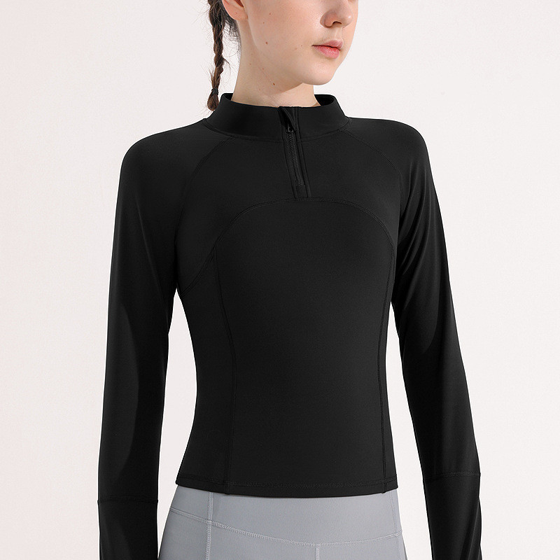 Egyszínű, átfogó edzés Fitness női sportkabát felső állógallér Félcipzáras hosszú ujjú jóga ing kabát hüvelykujj