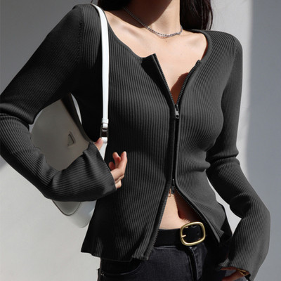 Sportinė viršutinė moteriška striukė su dvigubu užtrauktuku ilgomis rankovėmis treniruoklių salė Greito bėgimo treniruotė Sportinė vienspalvė jogos treniruočių apranga Sportinė apranga