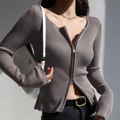 Sportinė viršutinė moteriška striukė su dvigubu užtrauktuku ilgomis rankovėmis treniruoklių salė Greito bėgimo treniruotė Sportinė vienspalvė jogos treniruočių apranga Sportinė apranga