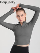 Hoip Jeeky Sieviešu Īsa Joga Jaka Statīvs Apkakle Vēja Necaurlaidīga Ātri Dry Jakas Garām Piedurknēm Ar Rāvējslēdzēju Sporta krekls Bezmaksas piegāde Jaka Y2k