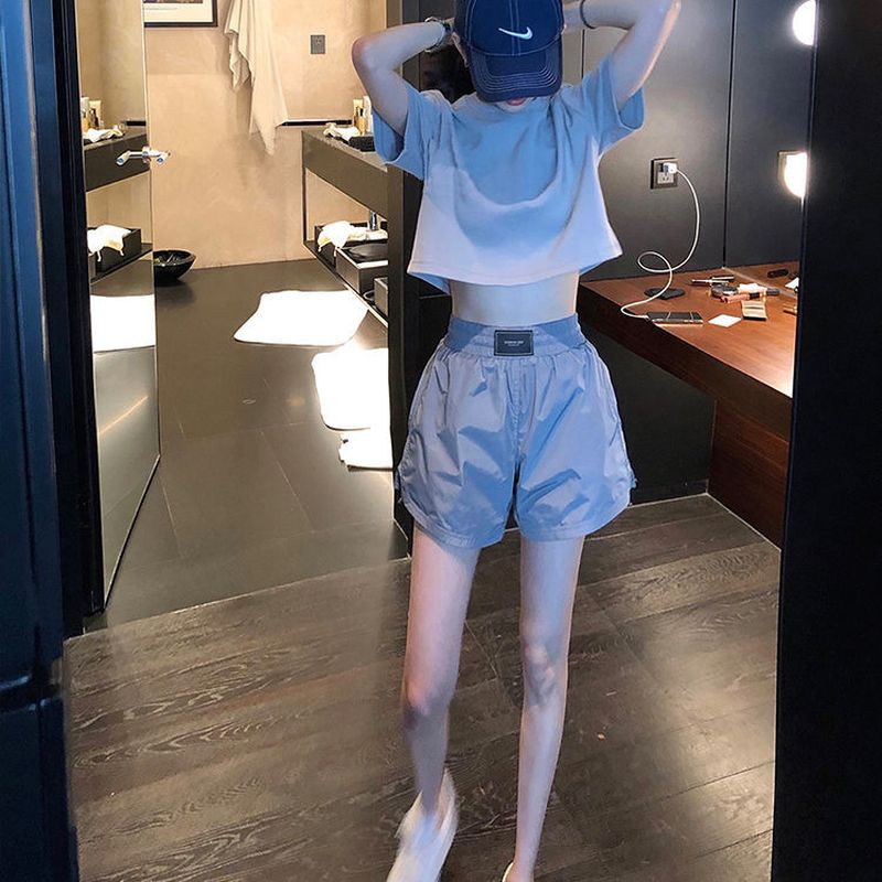 Sieviešu sporta šorti ar augstu vidukli Plānas bikses ar platām kājām Studentu skriešanas fitnesa vingrinājumi Ātri žūstoši ikdienas šorti ar aukliņu