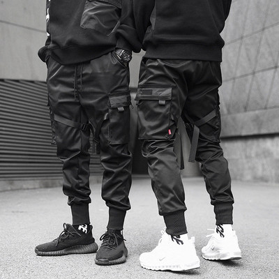 Мъжки панделки, черни джобни карго панталони, панталони Harajuku Sweatpant, хип-хоп панталони
