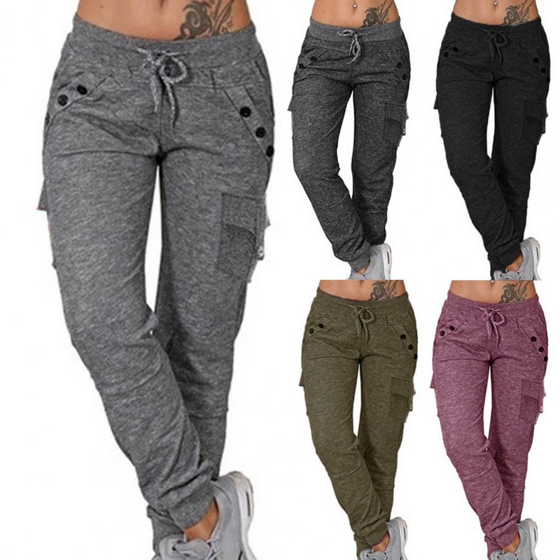 Ženske jednobojne kargo hlače, rastezljive, ležerne, na vezivanje, donji dio hlača s visokim strukom, trenirka za fitness