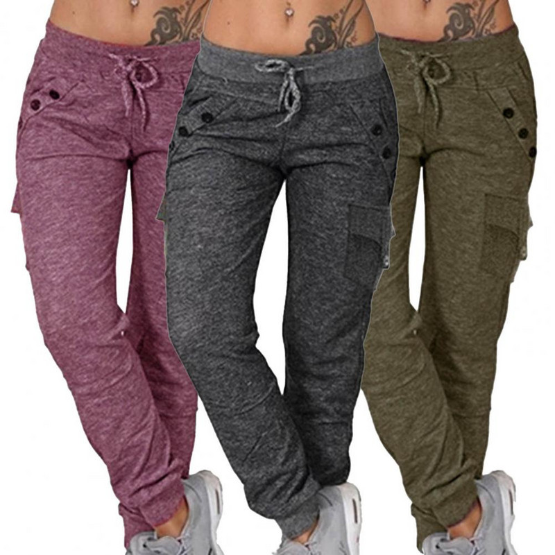 Ženske jednobojne kargo hlače, rastezljive, ležerne, na vezivanje, donji dio hlača s visokim strukom, trenirka za fitness