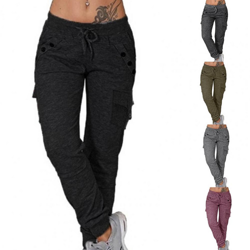 Ženske jednobojne kargo hlače, rastezljive, ležerne, na vezivanje, donji dio hlača s visokim strukom, trenirka za fitness