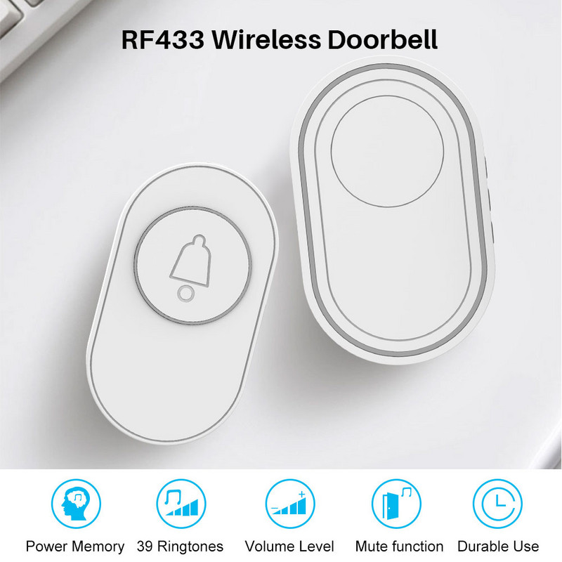 RF433 Pažangus belaidis durų skambutis IP65 Atsparus vandeniui 85dBA 150M Smart Home Apsaugos Signalizacija Sveiki atvykę į durų skambutį EU JK JAV kištukas