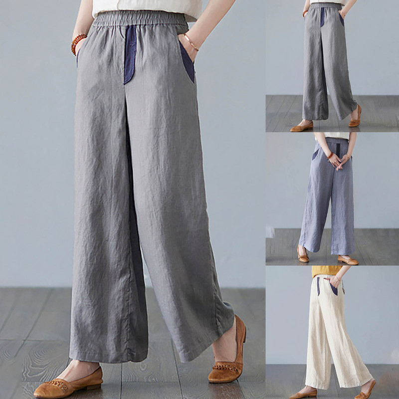 Дамски летни цветни блокчета широки панталони с висока талия Плисирани дамски панталони