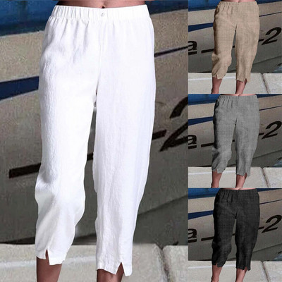 Капри панталони за жени Ежедневни летни ленени панталони с ластик с висока талия Прав изрязан панталон