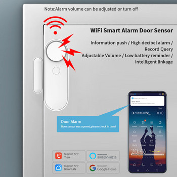 Tuya WiFi сензор за врата със звукова аларма Детектор за отворен/затворен прозорец Независим магнитен сензор Работа с Alexa Google Home