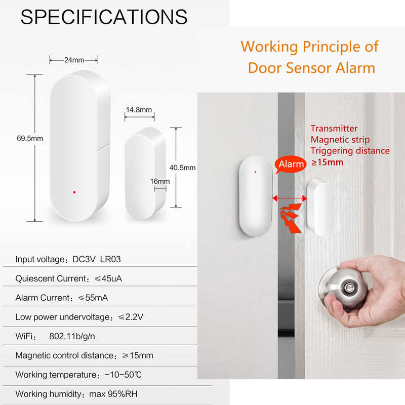 Tuya WiFi ajtóérzékelő hangriasztó ablakkal, nyitott/zárt érzékelővel, független mágneses érzékelővel működik az Alexa Google Home segítségével