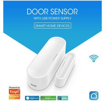 Tuya WIFI Сензор за прозорец, врата, захранван от USB 2,4 Ghz, детектор за отваряне/затваряне на врата, аларма, устройство за интелигентен дом, работещо с Google Assistant